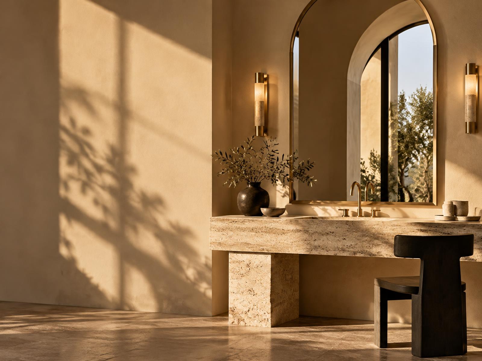 Sunlit beauty studio with arched mirror and travertine vanity